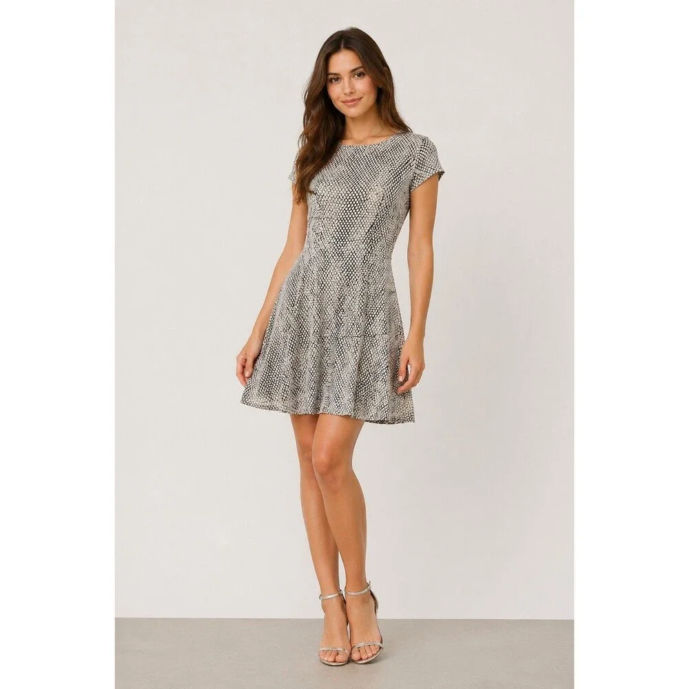 Michael Kors Snake Print Fit & Flare Gray White Dress Short Sleeve Size S